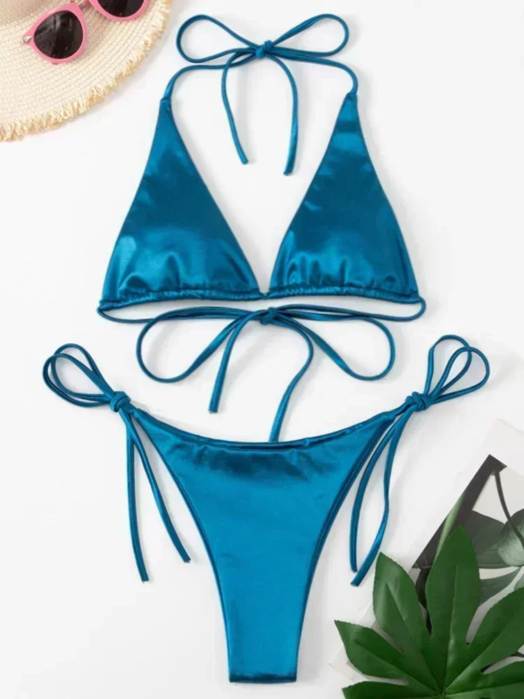 Metallic Satin Bikini Damen – Wrap Around Halter Zweiteiler